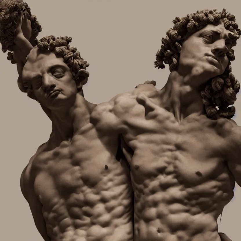 Image similar to two men in the form of a Greek sculpture, baroque. intricate artwork by caravaggio. Trending on artstation. cinematic, hyper realism, octane render, 8k. iridescent accents
