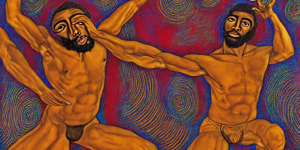 Image similar to an abstract spiritual background, portrait of a virile dark - skinned greek god dancing. 2 4 mm, photorealistic, muted color scheme, directed by mati klarwein