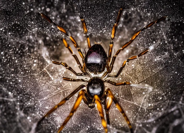 Image similar to macro portrait of a crystal spider in the forest. Fantasy magic style. Highly detailed 8k. Intricate. Nikon d850 300mm. Award winning photography.