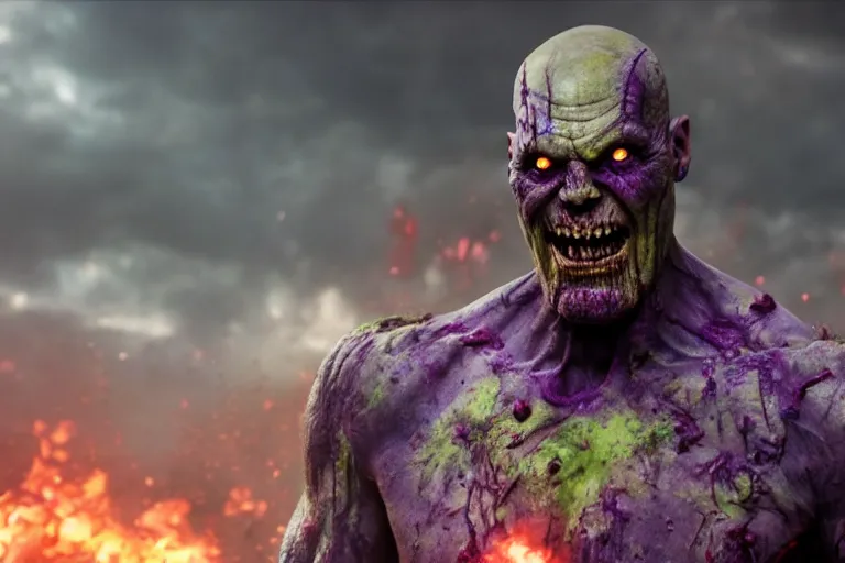 Prompt: film still of zombie zombie Thanos as a zombie in new avengers movie, 4k