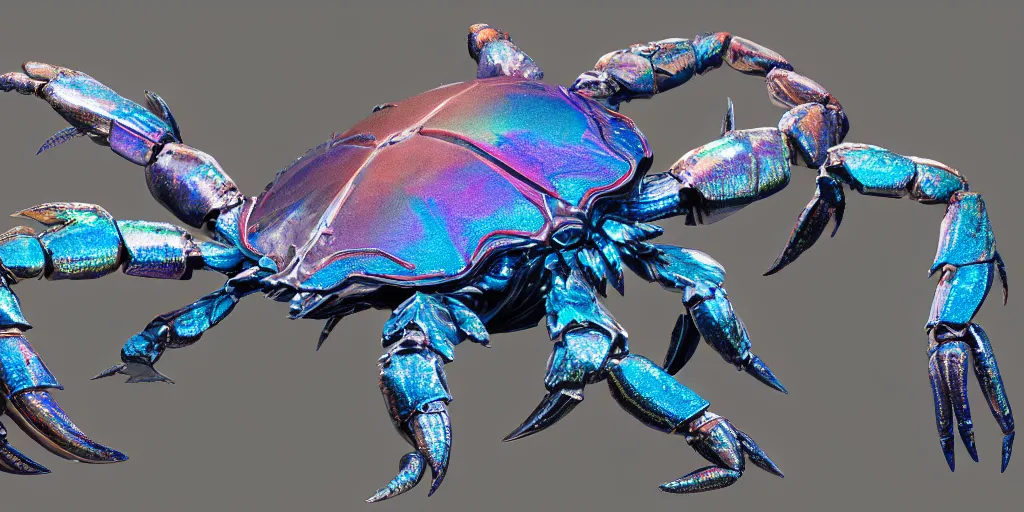 Image similar to Iridescent crab seamonster, character design sheet, Monster Hunter Illustrations art book, diamond sharp claws, huge arms, iridescent shards on its back, Moebius, Greg Rutkowski, Zabrocki, Karlkka, Jayison Devadas, Phuoc Quan, trending on Artstation, 8K, ultra wide angle, zenith view, pincushion lens effect.