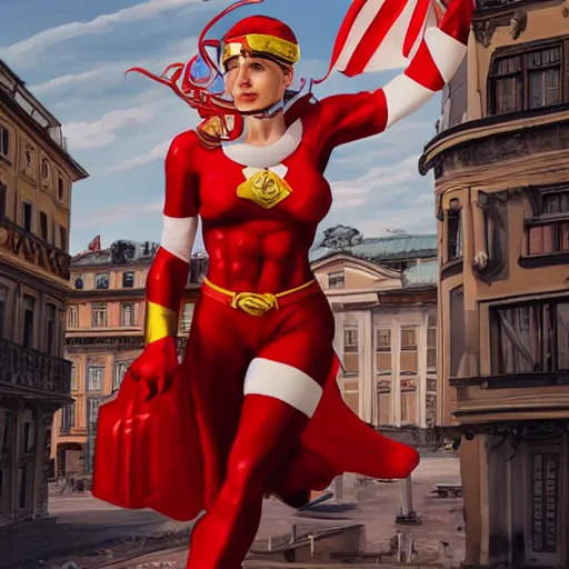 Image similar to captain vienna, a austrian superhero, red and white costume colors, with an eagle emblem, eagle logo, vienna city, european buildings, austrian architecture, highly detailed, digital painting, artstation, concept art, smooth, sharp focus, illustration, unreal engine 5, 8 k, art by artgerm and greg rutkowski and edgar maxence