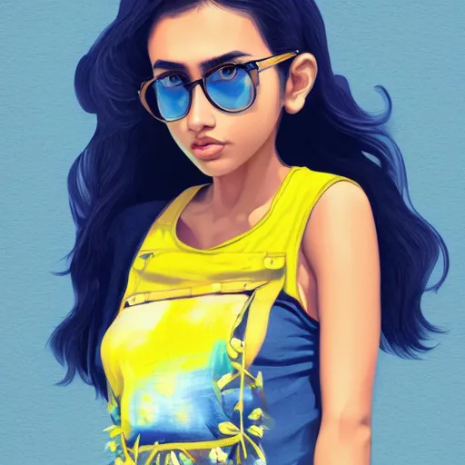 Prompt: young hyderabadi muslim female wearing denim short shorts cateye glasses and yellow tank top, highly detailed, artgerm style, artstation, soft light, sharp focus, illustration, character design, concept art
