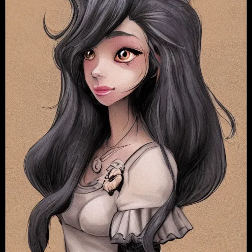 Image similar to headshot of young female furry, D&D, cute, fantasy, intricate, long hair, dark grey skin, mouse face, mouse nose, dark skin, mouse head, mouse ears, black hair, elegant, highly detailed, cartoony, artstation, concept art, smooth, sharp focus, illustration, art by Diives