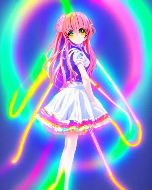 Image similar to anime style, vivid, expressive, full body, 4 k, painting, a cute magical girl idol with a long wavy colorful hair wearing a colorful dress, correct proportions, stunning, realistic light and shadow effects, neon lights, studio ghibly makoto shinkai yuji yamaguchi