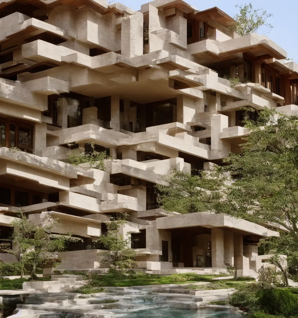 Image similar to a flowing villa with architectural design ， by frank lloyd wright ， trending ，