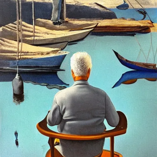 Prompt: painting by salvador dali of a senior grey haired caucasian man seen from behind, sitting on a deck near the harbor, boats and water. it is a beautiful summer day