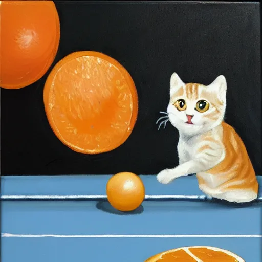 Prompt: Deux chats jouent au ping pong sur un fond orange, oil painting