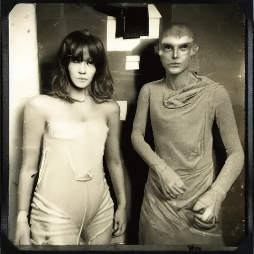 Image similar to two humanoid replicants stand too close to the camera, polaroid, flash photography, photo taken in a completely dark storage room where you can see some clutter in the background