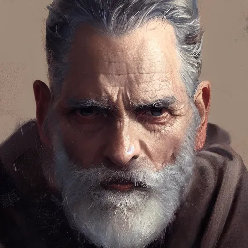 Image similar to An oil painting of a man dressed in priest robes, 50 years old, short grey hair, trimmed beard, sharp facial features, beautiful, highly detailed, by Cédric Peyravernay, trending on artstation