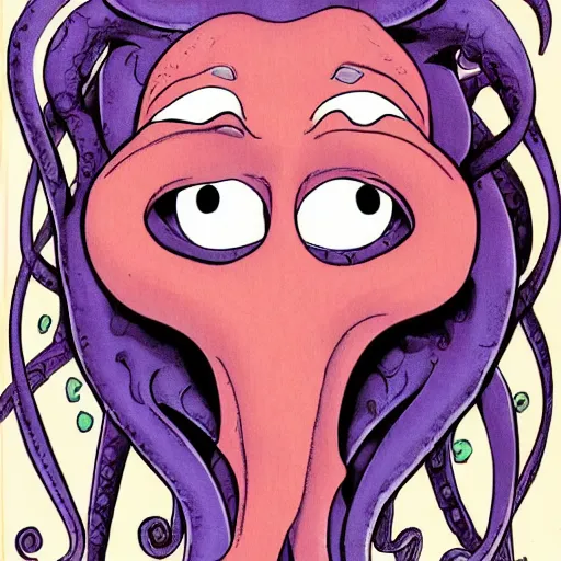 Image similar to a cartoon character of a human - octopus, character - portrait, ursula the sea witch, grotesque, creepypasta, by glen keane, disney