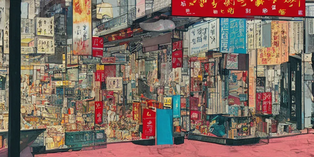 Image similar to a shop window in hong kong, by dan mumford and peter doig and edward hopper, minimal, black in, thick lines highly detailed, muted colours, overlaid with chinese adverts, 8 k