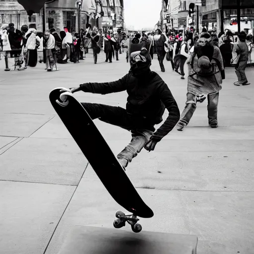 Prompt: man skateboarding on a giant human nose, photography,