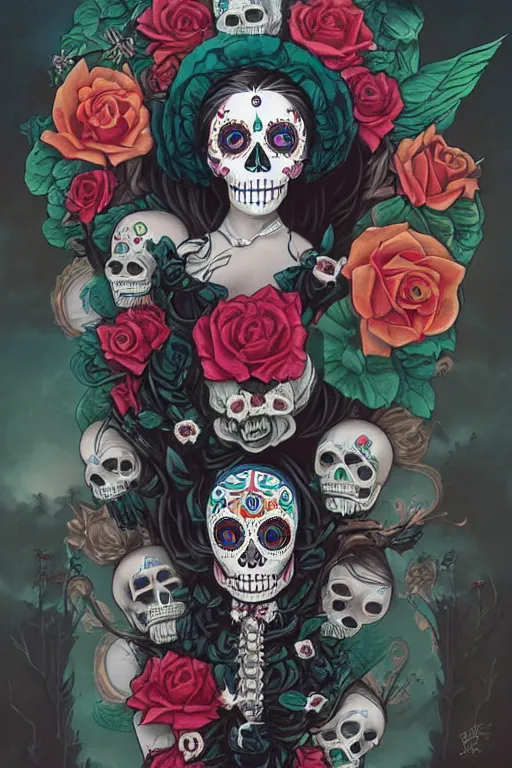 Prompt: illustration of a sugar skull day of the dead girl, art by peter mohrbacher