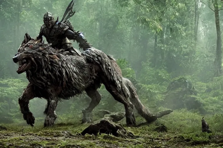 Image similar to vfx movie closeup detailed ancient armored warrior orc hunting riding large wolf in the forest, natural lighting by emmanuel lubezki