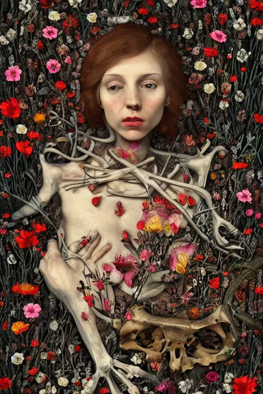 Prompt: a person lying among flowers and bones, large eyes and lips and is thinking about mortality, HD Mixed media collage, highly detailed and intricate, surreal illustration in the style of Caravaggio, baroque dark art