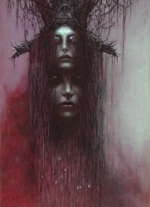 Image similar to portrait of majestic dark necromancer queen by Beksinski and Luis Royo