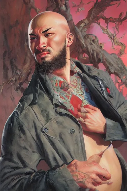 Image similar to beautiful gorgeous bald kazakh guy with a short beard, painted by tom lovell, alex malveda, greg staples