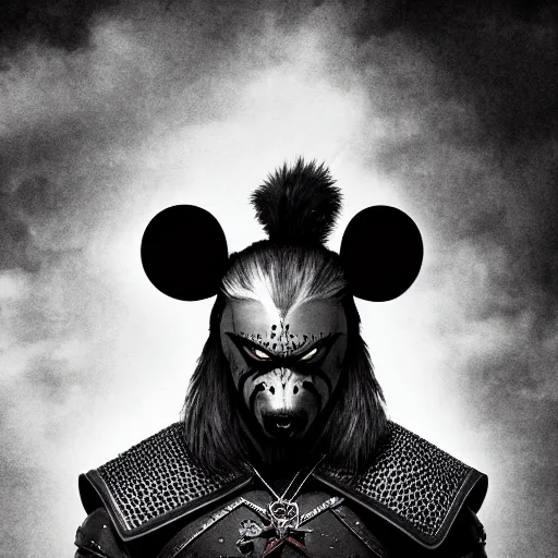 Image similar to mickey mouse as the witcher, cinematic, dark, sharp focus, black and white, highly detailed, portrait