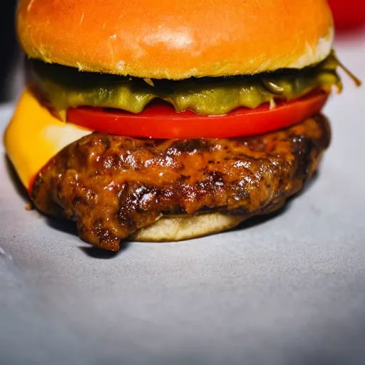 Image similar to closeup photo of most delicious cheeseburger with a slice of tomato inside