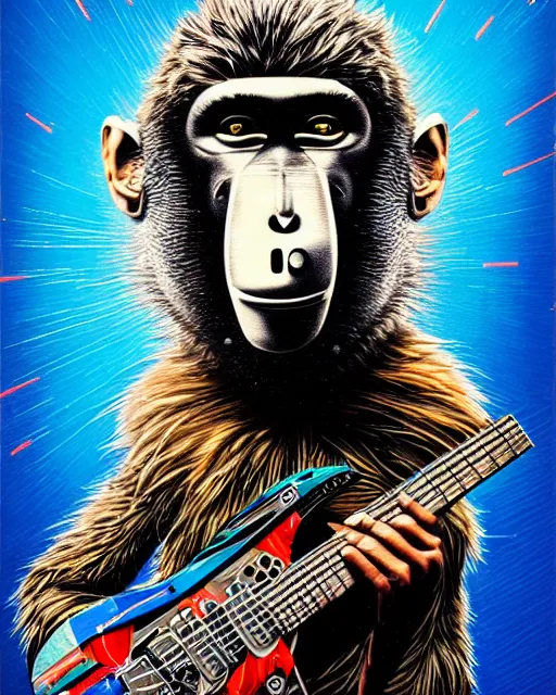 Image similar to a portrait of an anthropomorphic cyberpunk baboon shredding an electric guitar by sandra chevrier, by jon foster, detailed render, tape deck, epic composition, cybernetics, 4 k realistic, cryengine, realistic shaded lighting, sharp focus, masterpiece, by enki bilal