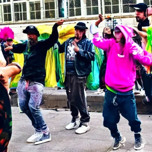 Prompt: a group of homeless people dancing to rave music,