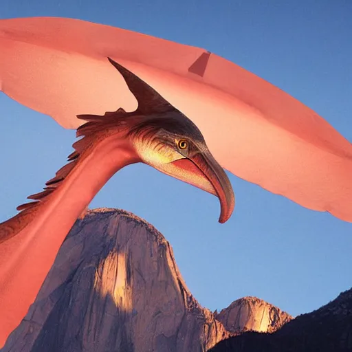 Prompt: pterodactyl and el capitan, photograph, ultra realistic, high definition, sunset lighting, award winning