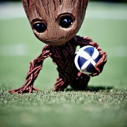 Image similar to baby groot playing football for the denver broncos, macro lens, low angle