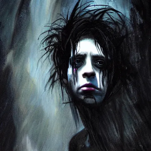 Prompt: stunning portrait of gaunt nik cave a ( the cure fan ) as dream from sandman, dim stars as eyes, by jeremy mann, by cedric peyravernay, by by russ mills, by richard avedon and ben templesmith, dramatic lightning, sadness, dark eye sockets, in the shadows, punk rock, gothic, high detailed, 8 k