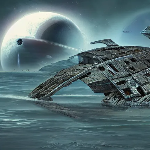 Prompt: A giant spaceship wrecked on the shores of an alien ocean