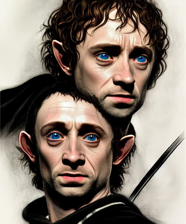 Prompt: a detailed fifty mm portrait of merriadoc and pippin from lord of the rings hobbit in a black adidas track suit with white stripes, headshot, caricature, highly detailed, digital painting, artstation, concept art, sharp focus, cinematic lighting, illustration, art by met mangindaan, artgerm and greg rutkowski, alphonse mucha, cgsociety