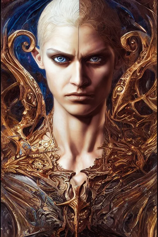 Prompt: realistic detailed painting of freman from Arrakis, blue eyes, intricate complexity, golden ratio, Kojima, Amano, Charlie Bowater, Karol Bak, Greg Hildebrandt, Jean Delville, and Mark Brooks, Neo-Gothic, gothic, rich deep colors