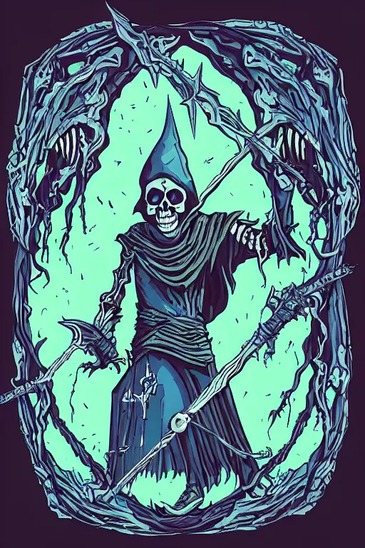 Image similar to Portrait of a evil skeleton that is a wizard casting a spell , wizard, medieval, sticker, colorful, casting epic spell, magic the gathering artwork, D&D, fantasy, artstation, heroic pose, illustration, highly detailed, simple, smooth and clean vector curves, no jagged lines, vector art, smooth
