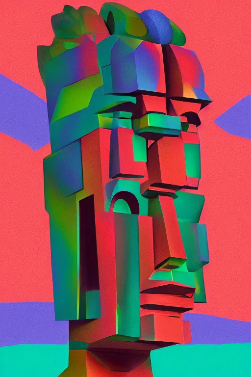 Image similar to cubist moai statue cutout digital illustration cartoon colorful beeple