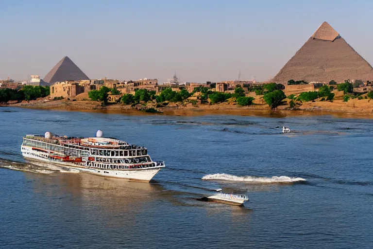 Image similar to realistic photo of the river nile, with the pyramids of giza in the background, a river flowing through the scene, cruise ship in the foreground, sun blazing in the sky