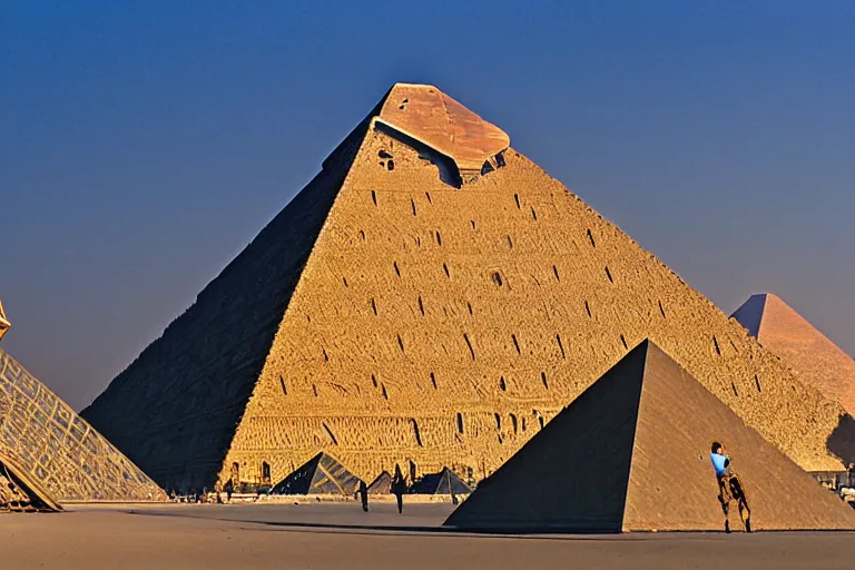 Prompt: The Louvre Pyramid, built in the Egyptian desert, designed by I.M. Pei, with the Pyramid of Khufu and the Great Sphinx of Giza in the background.