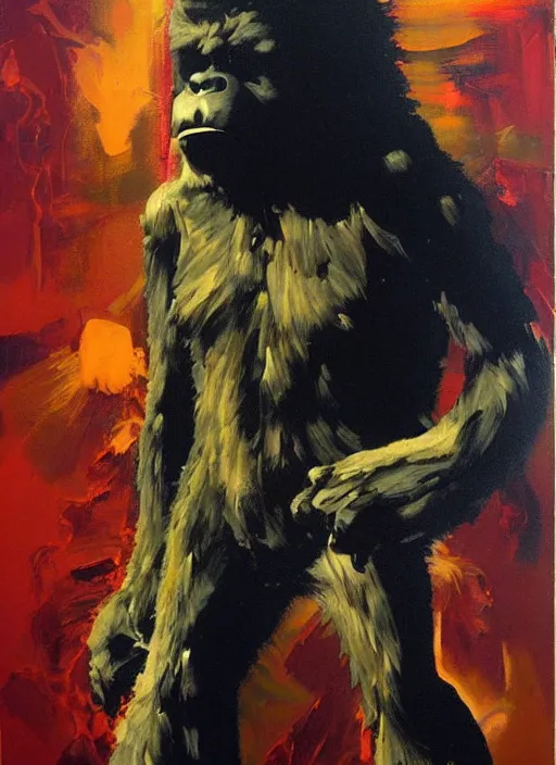 Prompt: raging bigfoot, smoking meth, painting by phil hale, fransico goya, david lynch,'action lines '!!!, graphic style, visible brushstrokes, motion blur, blurry