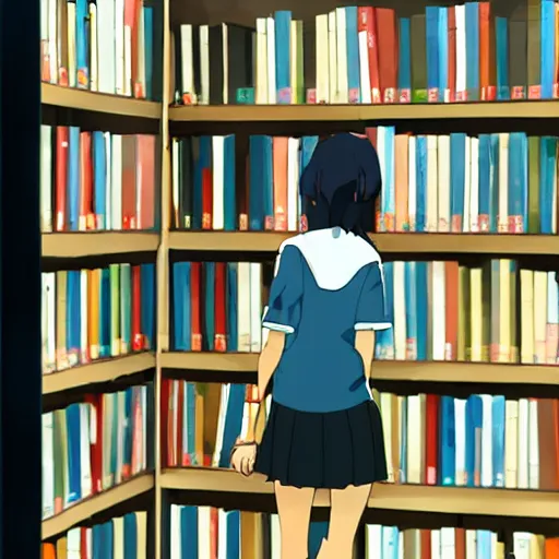 Image similar to At the end of the world, a high school girl browsing in a bookstore, Makoto Shinkai style