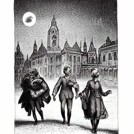 Image similar to Drawing of the city Mainz, gentleman, victorian ladies, dramatic clouds, moon, depth, Chiaroscuro, illustration by Gustave Doré