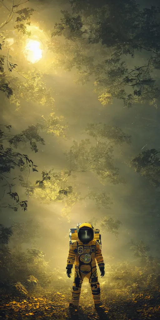 Image similar to A yellow baby rabbit in a spacesuit full of trees, cyberpunk temple, sunset with falling leaves, Tyndall rays, low angle, light through the mist, dramatic lighting, photorealistic, cinematic lighting, high detail, cinematic feel, high octane, 4K, Unreal Engine, digital render, intricate, ultra realistic, concept art