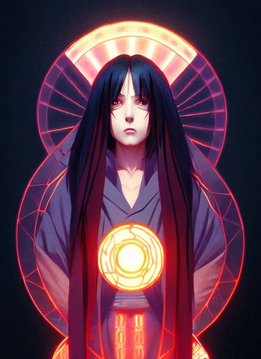 Image similar to symmetry!! itachi, glowing lights!! intricate, elegant, highly detailed, digital painting, artstation, concept art, smooth, sharp focus, illustration, art by artgerm and greg rutkowski and alphonse mucha