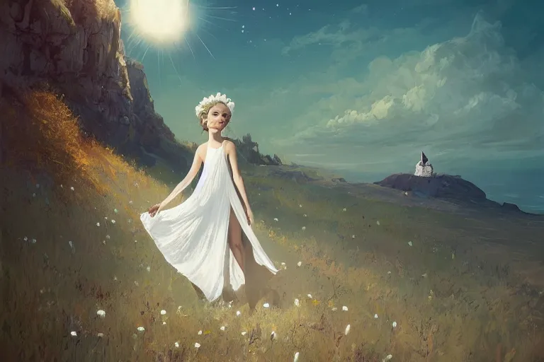 Image similar to huge white daisy flower worn as a crown, girl standing on cliff, surreal photography, solar eclipse, stars, dramatic light, impressionist painting, clouds, digital painting, artstation, james gilleard, liam wong, jeremy mann, simon stalenhag