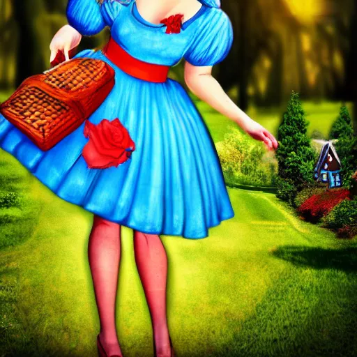 Image similar to giant alice in wonderland, pin up, houses, trees, mountains, woman, city, digital art, photo, blue dress, photoshop, flowers, colorful