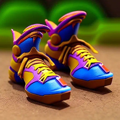 Image similar to realistic scultpure of plastic toy sneaker! design, sneaker design overwatch botw fantasy style mixed with aztec mayan native street fashion, focus on sneakers only, shoes designed by akira toriyama and studio ghibli