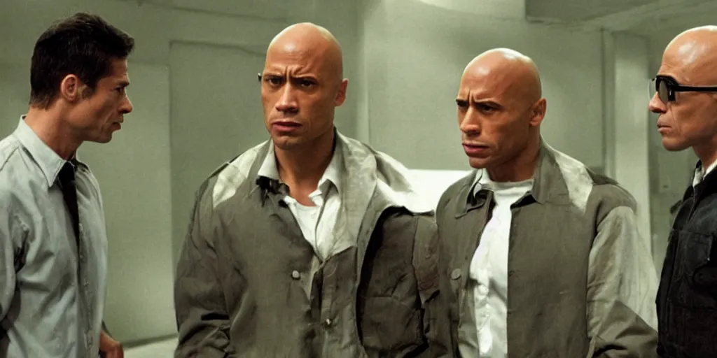 Prompt: Fight sequence with Michel Foucault played by Dwayne Johnson and Jacques Derrida played by Brad Pitt in Foucault, the biopic