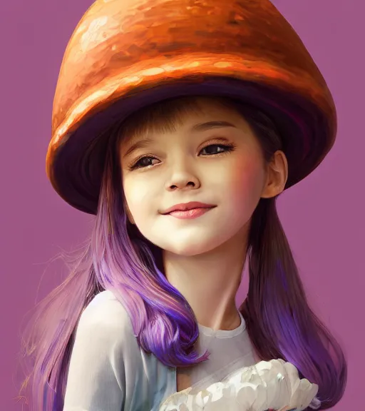 Image similar to a beautiful little girl wearing a mushroom hat sitting | | cute - fine - subtle smile, curved purple hair, face, pretty face, fine details by stanley artgerm lau, wlop, rossdraws, james jean, andrei riabovitchev, marc simonetti, and sakimichan, trending on artstation