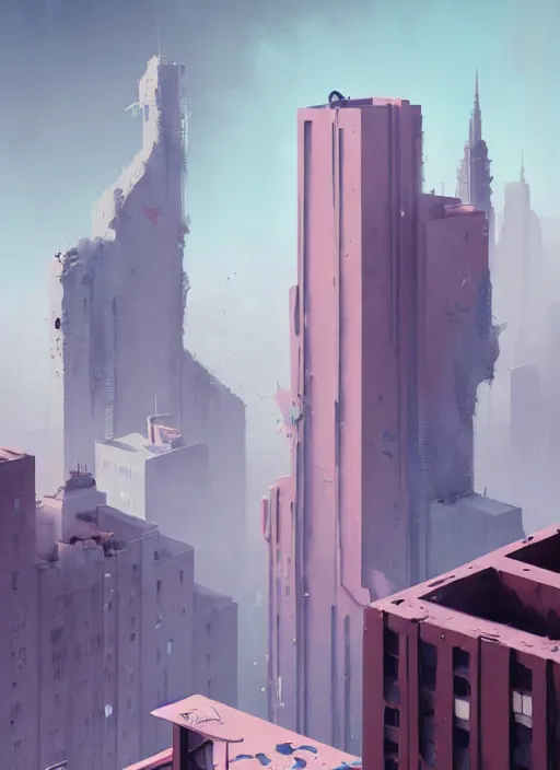 Image similar to highly detailed matte painting, of a 3 d calligraphy graffiti tag light eroding grey walls highrise buildings, by atey ghailan, by greg rutkowski, by greg tocchini, by james gilleard, by joe fenton, by kaethe butcher, pink, brown, light blue and white mystical color scheme, grunge aesthetic, octane render