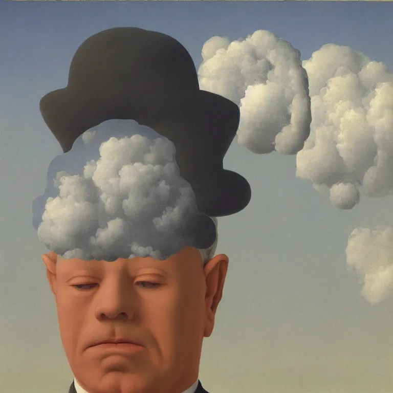 Image similar to portrait of a man whos head is a cloud, by rene magritte, detailed painting, hd, hq, high resolution, high detail, 4 k, 8 k