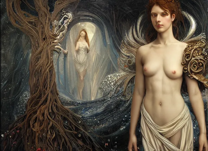 Prompt: beautiful maiden, full body, persona, fantastical, intricate, elegant, highly detailed, digital painting, art station, concept art, smooth, sharp focus, oil painting, art by caravaggio and greg rutkowski and klimt
