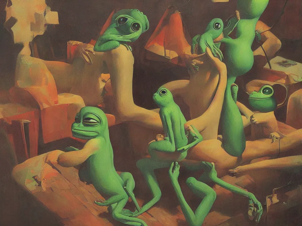 Prompt: pepe the frog have a great time in town, edward hopper and james gilleard, zdzislaw beksinski, in the style of francis bacon, surreal, norman rockwell and james jean, greg hildebrandt